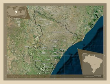 Sergipe, Brezilya eyaleti. Yüksek çözünürlüklü uydu. Bölgenin büyük şehirlerinin yerleri ve isimleri. Köşedeki yedek konum haritaları