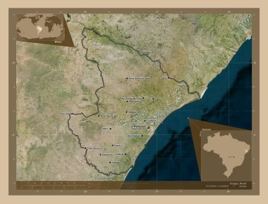 Sergipe, Brezilya eyaleti. Düşük çözünürlüklü uydu. Bölgenin büyük şehirlerinin yerleri ve isimleri. Köşedeki yedek konum haritaları