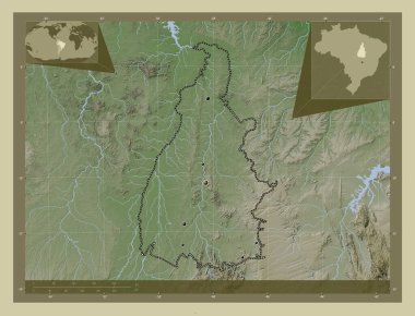 Tocantins, Brezilya eyaleti. Yükseklik haritası göller ve nehirlerle wiki tarzında renklendirilmiş. Bölgenin büyük şehirlerinin yerleri. Köşedeki yedek konum haritaları