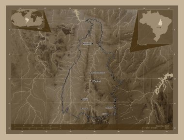 Tocantins, Brezilya eyaleti. Yükseklik haritası sepya tonlarında göller ve nehirlerle renklendirilmiş. Bölgenin büyük şehirlerinin yerleri ve isimleri. Köşedeki yedek konum haritaları