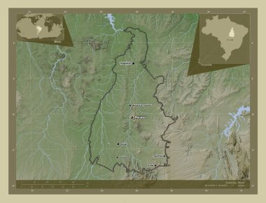 Tocantins, Brezilya eyaleti. Yükseklik haritası göller ve nehirlerle wiki tarzında renklendirilmiş. Bölgenin büyük şehirlerinin yerleri ve isimleri. Köşedeki yedek konum haritaları