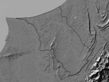 Belait, Brunei bölgesi. Gölleri ve nehirleri olan çift seviyeli yükseklik haritası