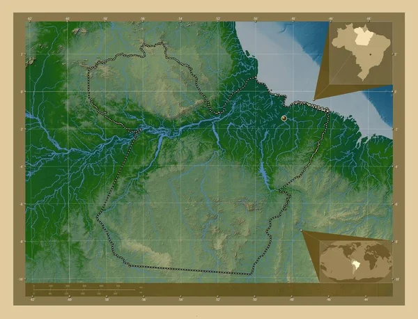 Para Brazília Állam Színes Domborzati Térkép Tavakkal Folyókkal Saroktérképek Kiegészítő — Stock Fotó