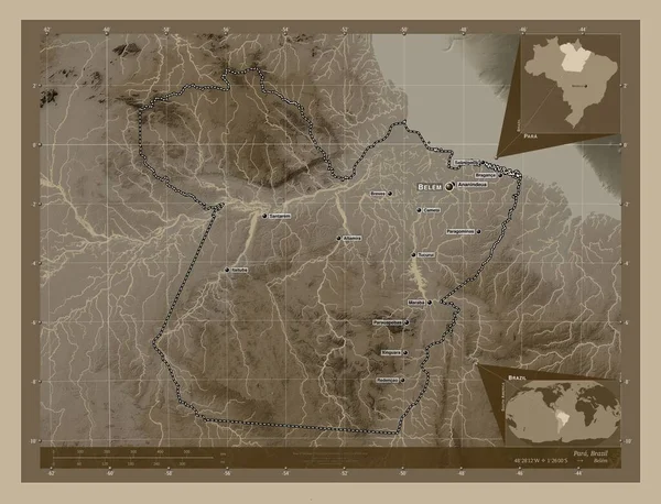 Para, state of Brazil. Elevation map colored in sepia tones with lakes and rivers. Locations and names of major cities of the region. Corner auxiliary location maps