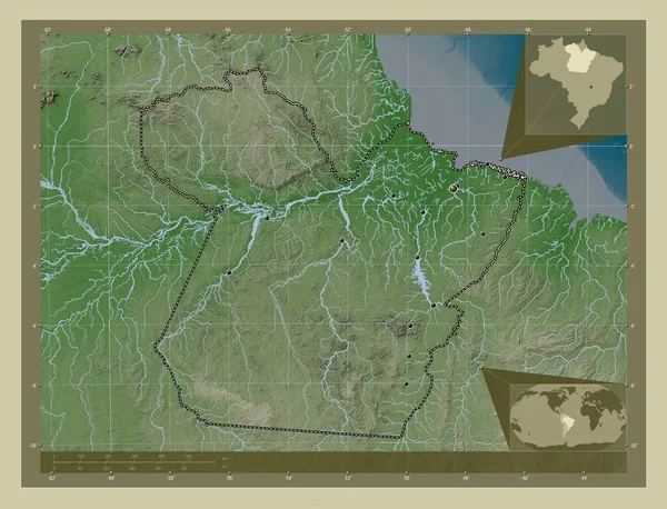 Para, state of Brazil. Elevation map colored in wiki style with lakes and rivers. Locations of major cities of the region. Corner auxiliary location maps