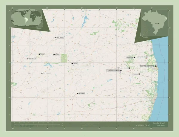 Paraiba Stato Del Brasile Mappa Stradale Aperta Località Nomi Delle — Foto Stock