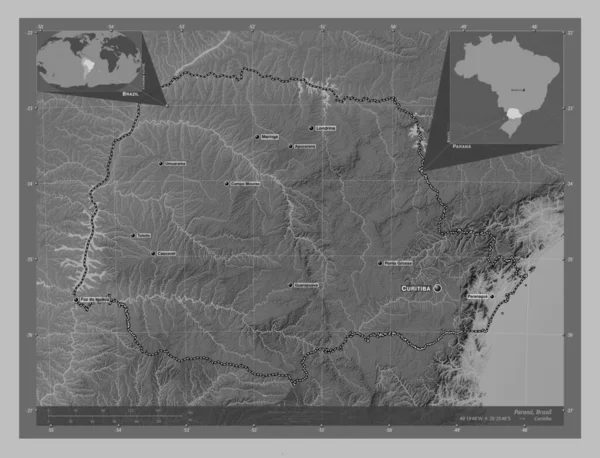 Парана Штат Бразилия Карта Высот Оттенках Серого Озерами Реками Места — стоковое фото