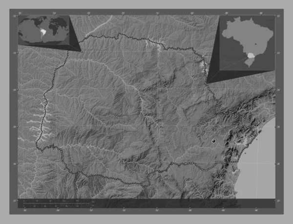 パラナ ブラジルの州 湖や川と二階の標高マップ コーナー補助位置図 — ストック写真