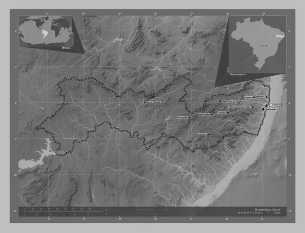 Пернамбуку Штат Бразилія Граймасштабна Мапа Висот Озерами Річками Місця Розташування — стокове фото
