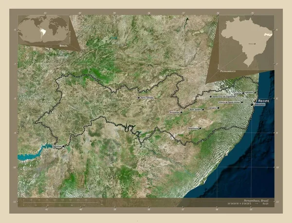ブラジルのペルナンブコ州 高解像度衛星地図 地域の主要都市の位置と名前 コーナー補助位置図 — ストック写真