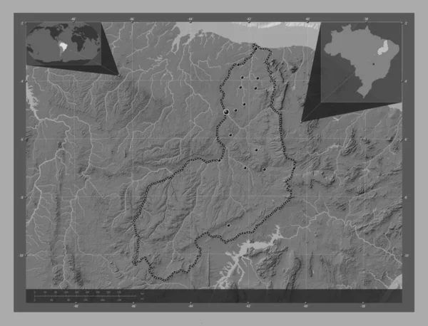 Piaui 巴西州 带湖泊和河流的比尔维尔高程图 该区域主要城市的所在地点 角辅助位置图 — 图库照片