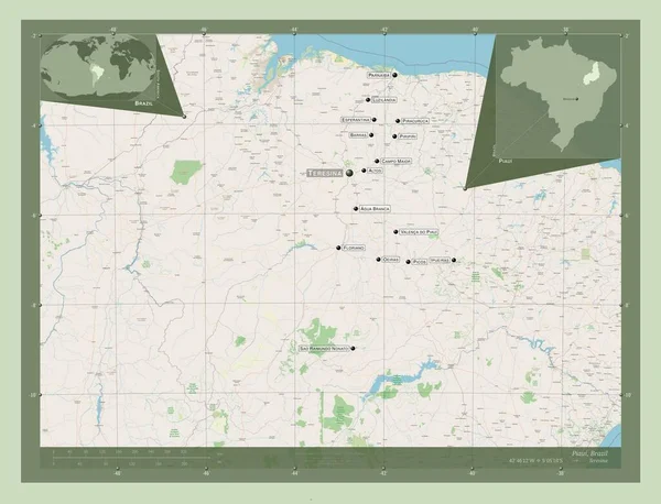 Piaui 巴西州 开放街道地图 该区域主要城市的地点和名称 角辅助位置图 — 图库照片
