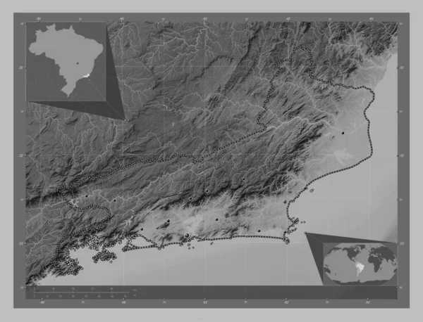 Rio Janeiro Brazilië Grayscale Hoogte Kaart Met Meren Rivieren Locaties — Stockfoto