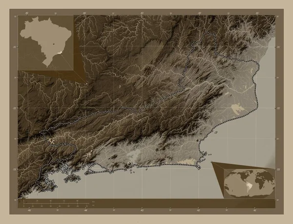 Rio Janeiro Stát Brazílie Zdvihová Mapa Zbarvená Sépiovými Tóny Jezery — Stock fotografie