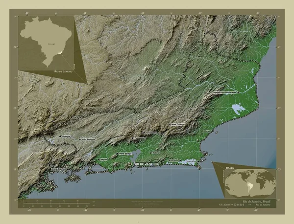 里约热内卢 巴西州 用Wiki风格绘制的带有湖泊和河流的高程地图 该区域主要城市的地点和名称 角辅助位置图 — 图库照片