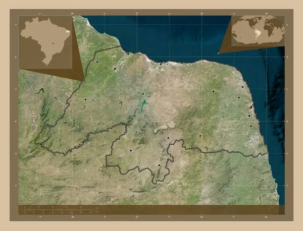 グランデ ノルテ ブラジルの状態 低解像度衛星地図 地域の主要都市の場所 コーナー補助位置図 — ストック写真