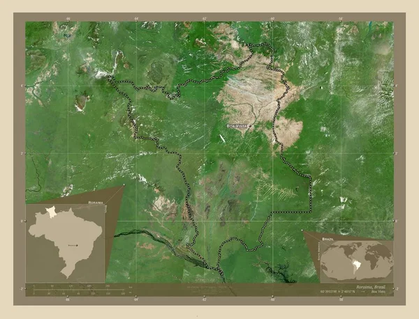 ブラジルのロライマ州 高解像度衛星地図 地域の主要都市の位置と名前 コーナー補助位置図 — ストック写真