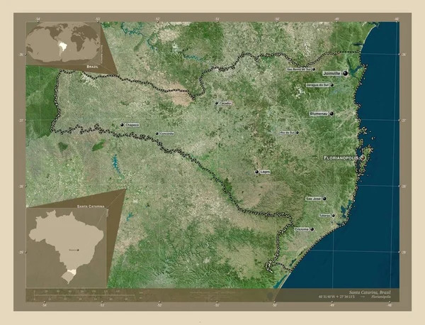 ブラジルのサンタ カタリーナ州 高解像度衛星地図 地域の主要都市の位置と名前 コーナー補助位置図 — ストック写真