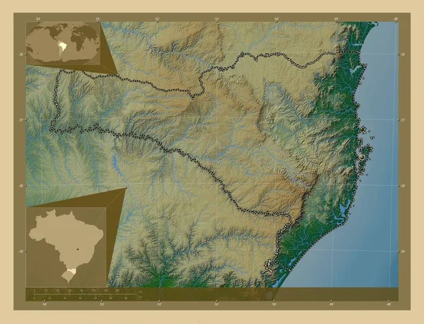 Santa Catarina Brazilië Gekleurde Hoogtekaart Met Meren Rivieren Hulplocatiekaarten Hoek — Stockfoto