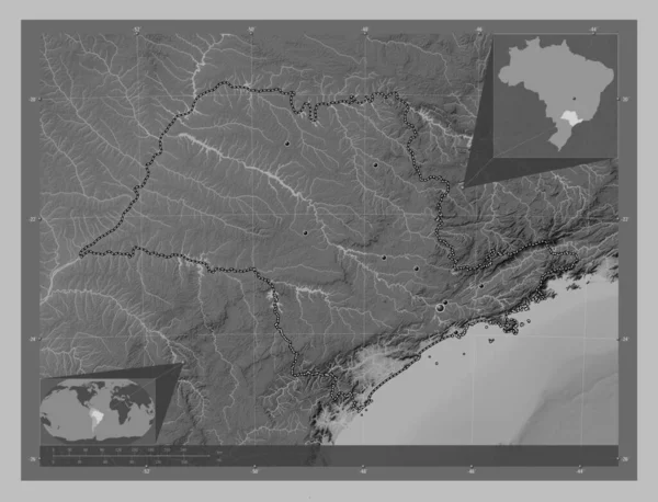 Sao Paulo Stan Brazylia Mapa Wzniesień Skali Szarości Jeziorami Rzekami — Zdjęcie stockowe