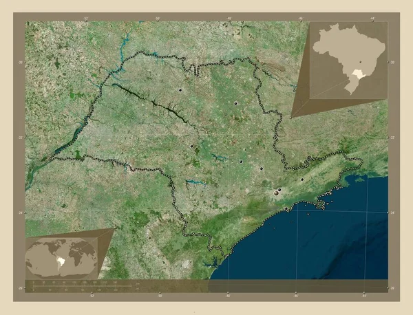 ブラジルのサンパウロ州 高解像度衛星地図 地域の主要都市の場所 コーナー補助位置図 — ストック写真