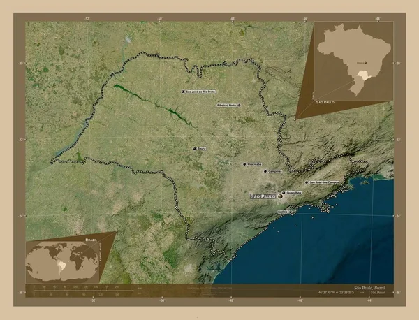 ブラジルのサンパウロ州 低解像度衛星地図 地域の主要都市の位置と名前 コーナー補助位置図 — ストック写真