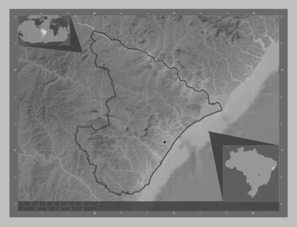 Sergipe Delstaten Brasilien Grayscale Höjdkarta Med Sjöar Och Floder Hjälpkartor — Stockfoto