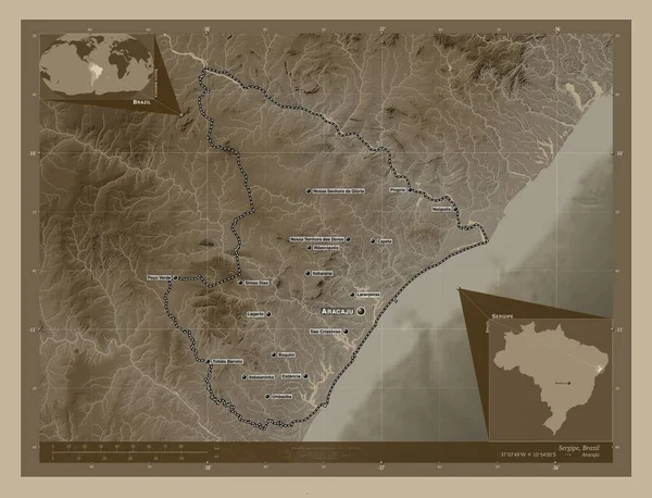 Сержипи Штат Бразилия Карта Высоты Окрашенная Сепиевые Тона Озерами Реками — стоковое фото