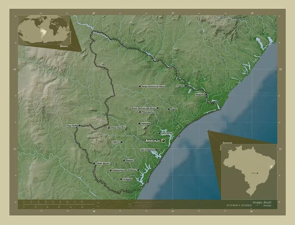 セルジェ ブラジルの州 湖や川とWikiスタイルで着色された標高マップ 地域の主要都市の位置と名前 コーナー補助位置図 — ストック写真