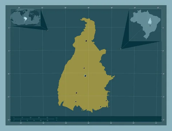 トカンティンス ブラジルの州 しっかりした色の形 地域の主要都市の場所 コーナー補助位置図 — ストック写真