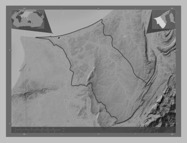 Belait District Brunei Grayscale Elevation Map Lakes Rivers Corner Auxiliary — Stock Photo, Image