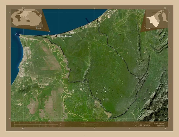 Belait Район Брунея Карта Спутника Низкого Разрешения Места Названия Крупных — стоковое фото