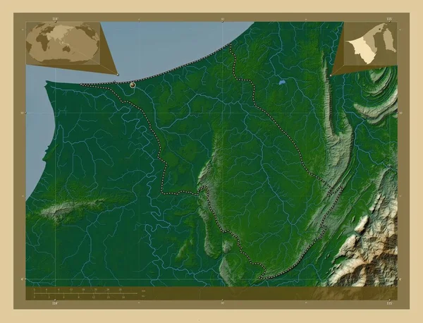 Belait Район Брунея Цветная Карта Высоты Озерами Реками Вспомогательные Карты — стоковое фото
