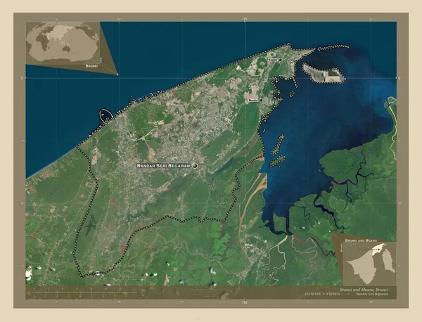 ブルネイとムアラ ブルネイの地区 高解像度衛星地図 地域の主要都市の位置と名前 コーナー補助位置図 — ストック写真