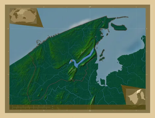 文莱和文莱地区的Muara 有湖泊和河流的彩色高程图 该区域主要城市的所在地点 角辅助位置图 — 图库照片