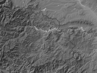Kardzhali, Bulgaristan ili. Gölleri ve nehirleri olan gri tonlama yükseklik haritası