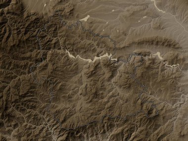 Kardzhali, Bulgaristan ili. Yükseklik haritası sepya tonlarında göller ve nehirlerle renklendirilmiş