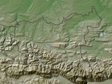 Lovech, Bulgaristan vilayeti. Yükseklik haritası göller ve nehirlerle wiki stilinde renklendirilmiştir