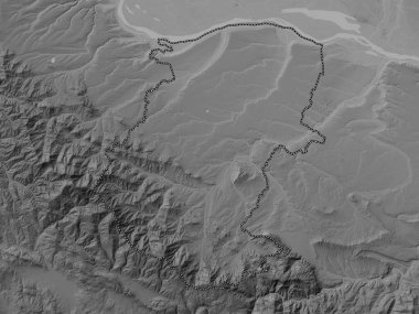 Montana, Bulgaristan vilayeti. Gölleri ve nehirleri olan gri tonlama yükseklik haritası