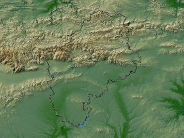 Sliven, Bulgaristan vilayeti. Gölleri ve nehirleri olan renkli yükseklik haritası