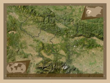 Sofya, Bulgaristan ili. Düşük çözünürlüklü uydu. Köşedeki yedek konum haritaları