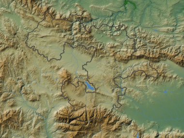 Sofya, Bulgaristan ili. Gölleri ve nehirleri olan renkli yükseklik haritası