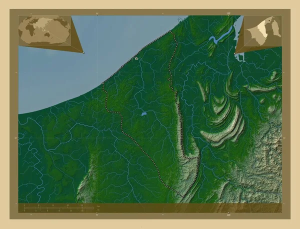 Τουτόνγκ Περιοχή Μπρουνέι Χρωματιστός Υψομετρικός Χάρτης Λίμνες Και Ποτάμια Γωνιακοί — Φωτογραφία Αρχείου