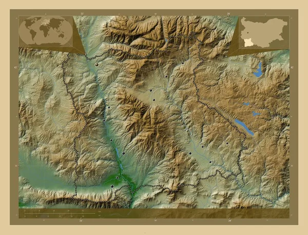 ブルガリア共和国のブラゴエヴグラード州 湖や川と色の標高マップ 地域の主要都市の場所 コーナー補助位置図 — ストック写真