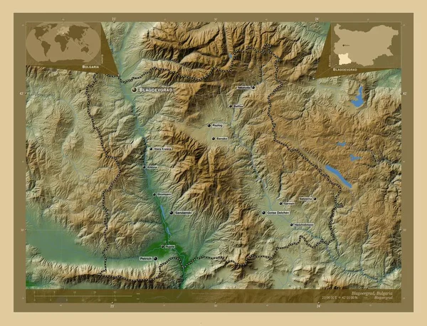 保加利亚省 布拉戈埃格勒 有湖泊和河流的彩色高程图 该区域主要城市的地点和名称 角辅助位置图 — 图库照片