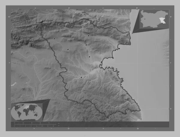 Burgas Province Bulgaria Grayscale Elevation Map Lakes Rivers Locations Major — Stock Photo, Image