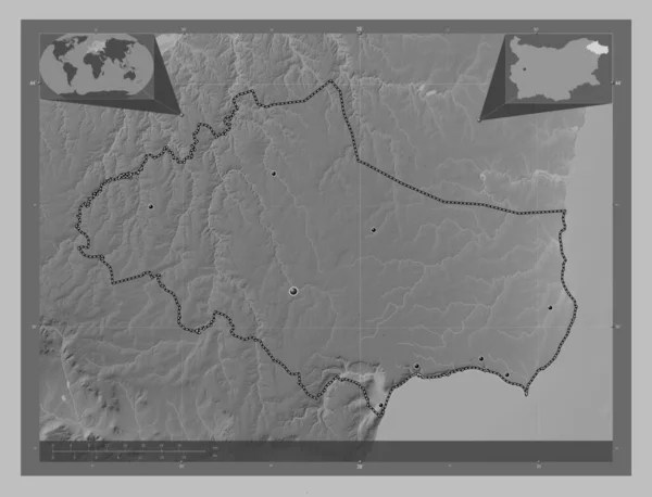 Dobrich Provincie Bulgarije Grayscale Hoogte Kaart Met Meren Rivieren Locaties — Stockfoto