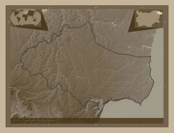 Dobrich Provincia Bulgaria Mappa Elevazione Colorata Toni Seppia Con Laghi — Foto Stock