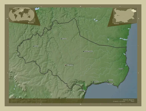 多布里奇 保加利亚省 用Wiki风格绘制的带有湖泊和河流的高程地图 该区域主要城市的地点和名称 角辅助位置图 — 图库照片