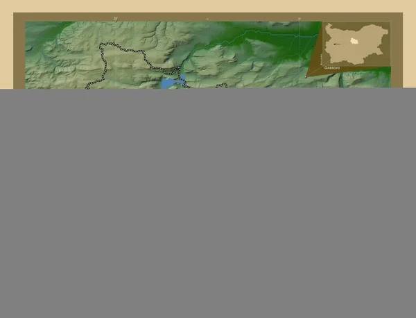 Gabrowo Prowincja Bułgarii Kolorowa Mapa Wzniesień Jeziorami Rzekami Lokalizacje Nazwy — Zdjęcie stockowe